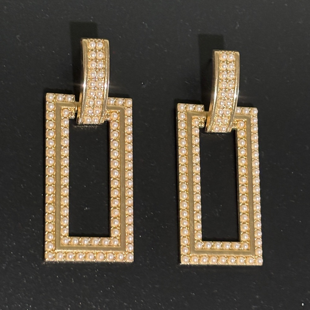 Gold Tone Pearl Rectangular Pierced Earrings 2 3/4”